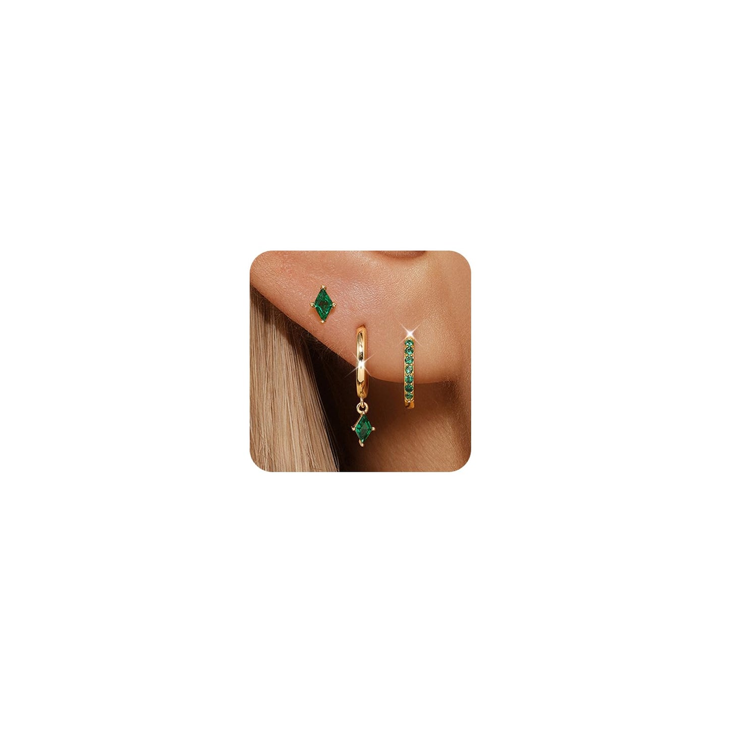 Angelady Gold Hoop Earrings Set for Women, Dainty 14K Gold Plated Green Huggies Earring, Hypoallergenic Dangle Cartilage Huggie Hoop Earring Stacks, Emerald Green Earrings Trendy Jewelry Gifts