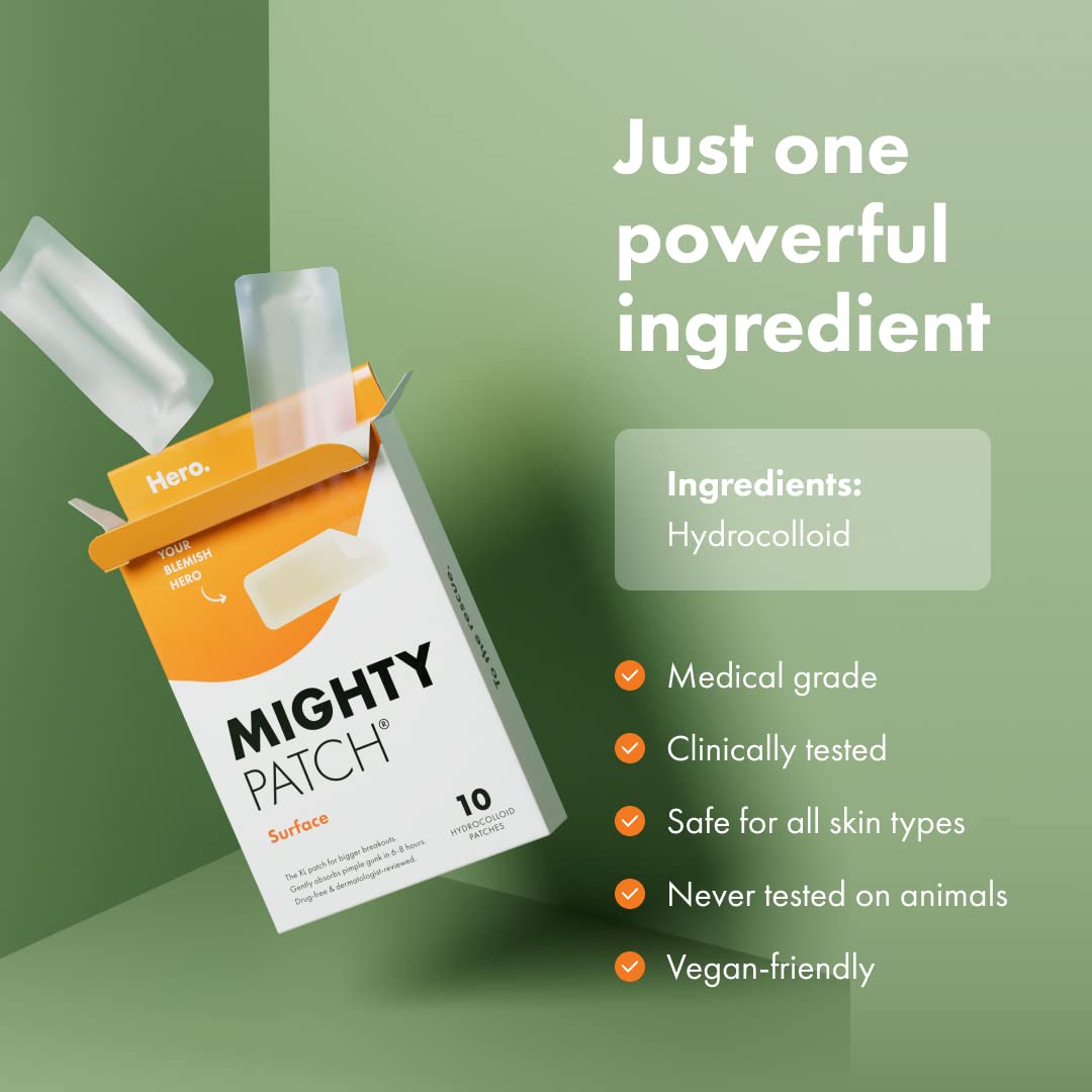 Mighty Patch Surface Large Pimple Patches for Face from Hero Cosmetics, Acne Spot for Body, Cheek, Forehead, and Chin, Pimple Stickers, Hydrocolloid Covers, Vegan-friendly, 10 Count