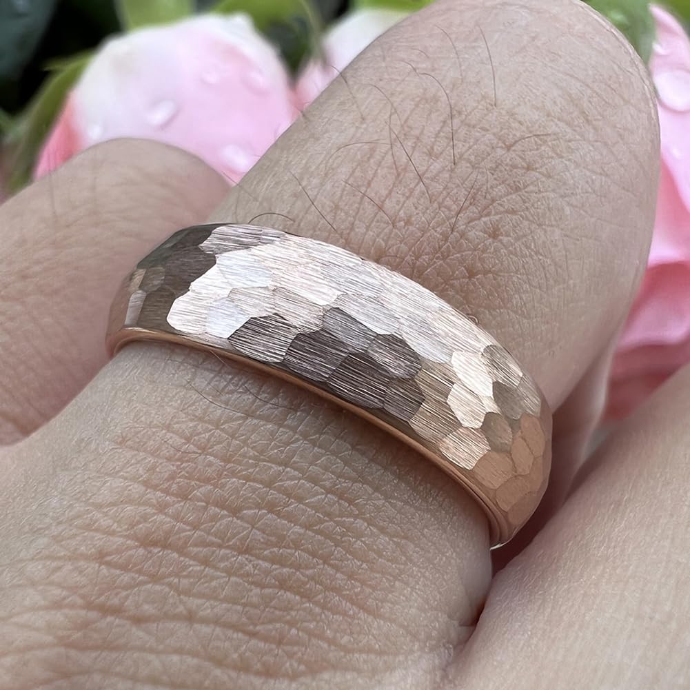 TUTISS 6mm Rose Gold Hammered Tungsten Rings for Men Women Engagement Wedding Bands Domed I Love You Engraved Comfort Fit Size 9.5