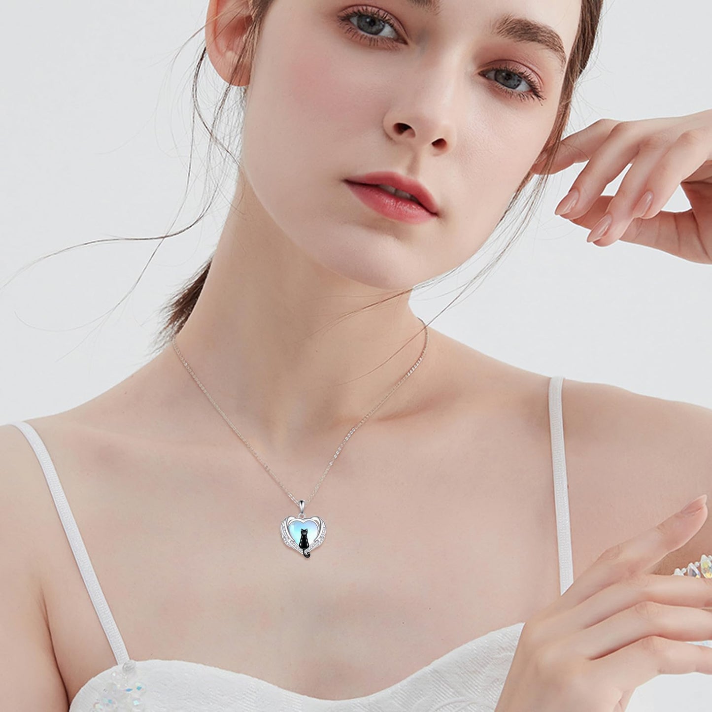 POPLYKE Moonstone Black Cat Pendant Necklace for Women Sterling Silver Cat Necklace Moonstone Jewelry Gifts