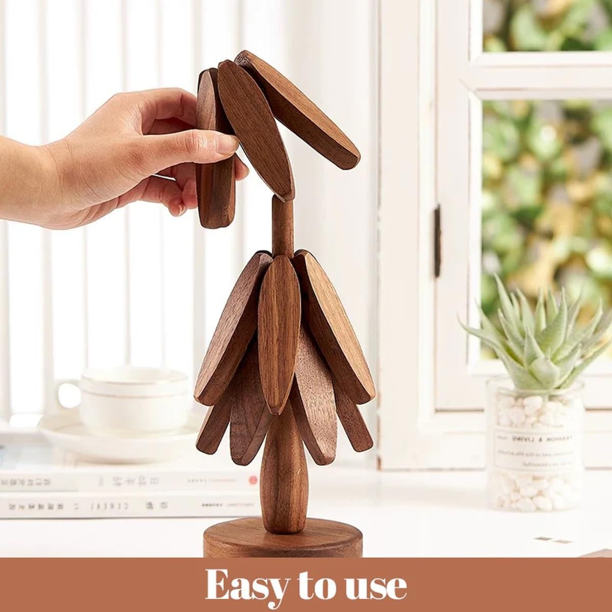 Wooden Trivets for Hot Dishes, Tree Shape Trivet Set, 5 Walnut Wood + 1 Stand stored Like a Christmas Tree,Foldable Kitchen Wooden Trivet,for Hot DishesăPotăBowlăTeapotăHot Pot Holder(Walnut Wood)