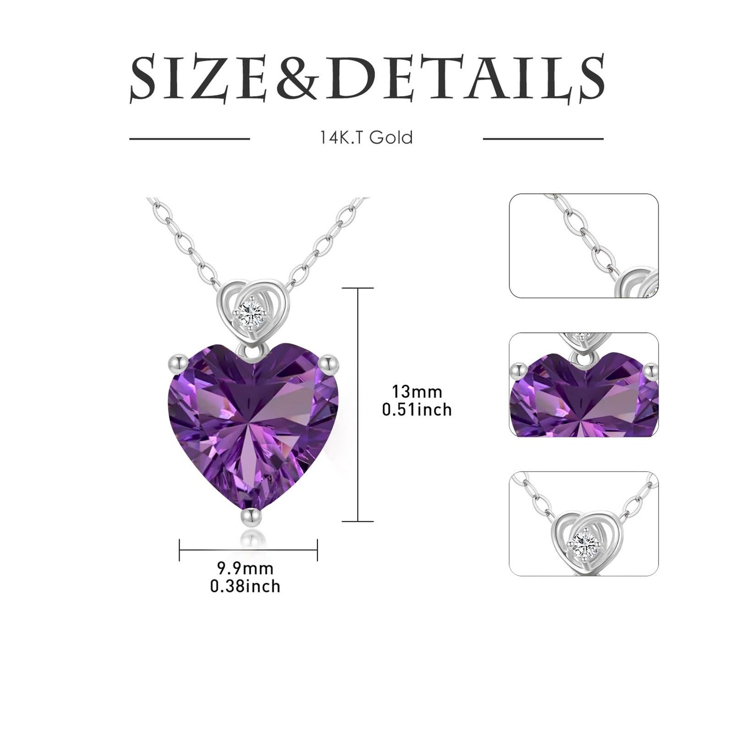 NFYBD 14k White Gold Love Heart Amethyst Birthstone Pendant Necklace for Women 3 Carat Heart-cut Created Gemstone Anniversary Birthday Mother's Day Necklaces for Her-feb