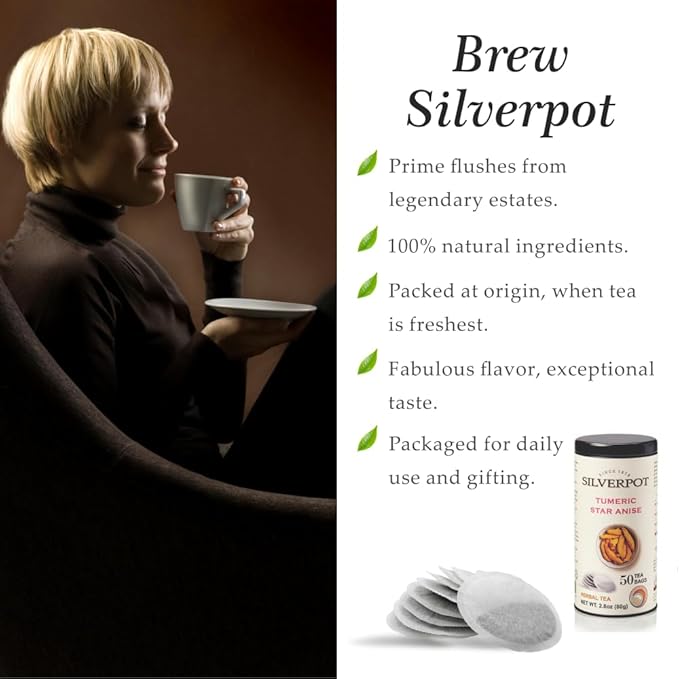 Silverpot Turmeric and Star Anise - 50 Round Tea Bags | Golden Spice, 100% Natural | Caffeine Free | Reusable Tin