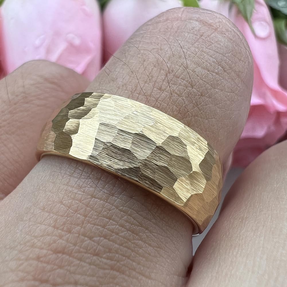 TUTISS 8mm Gold Hammered Tungsten Rings for Men Women Engagement Wedding Bands Domed I Love You Engraved Comfort Fit Size 8