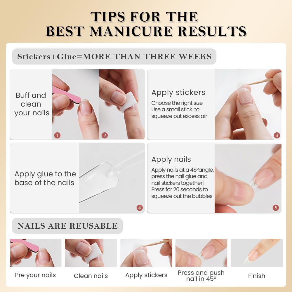 XZMeiLun French White Gold Press On Nails, Short Square Acrylic Fake Nails with 3D Gold Line French Tip Floral Design, Natural Reusable Glue-On Nails Kit for Women DIY Nail Art Decoration Gift