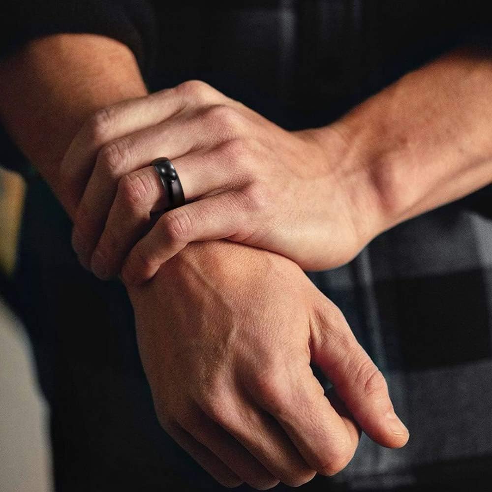TRUMIUM 8mm Black Ring Band Tungsten Wedding Band for Men Women High Polished Dome Comfort Fit Size 13