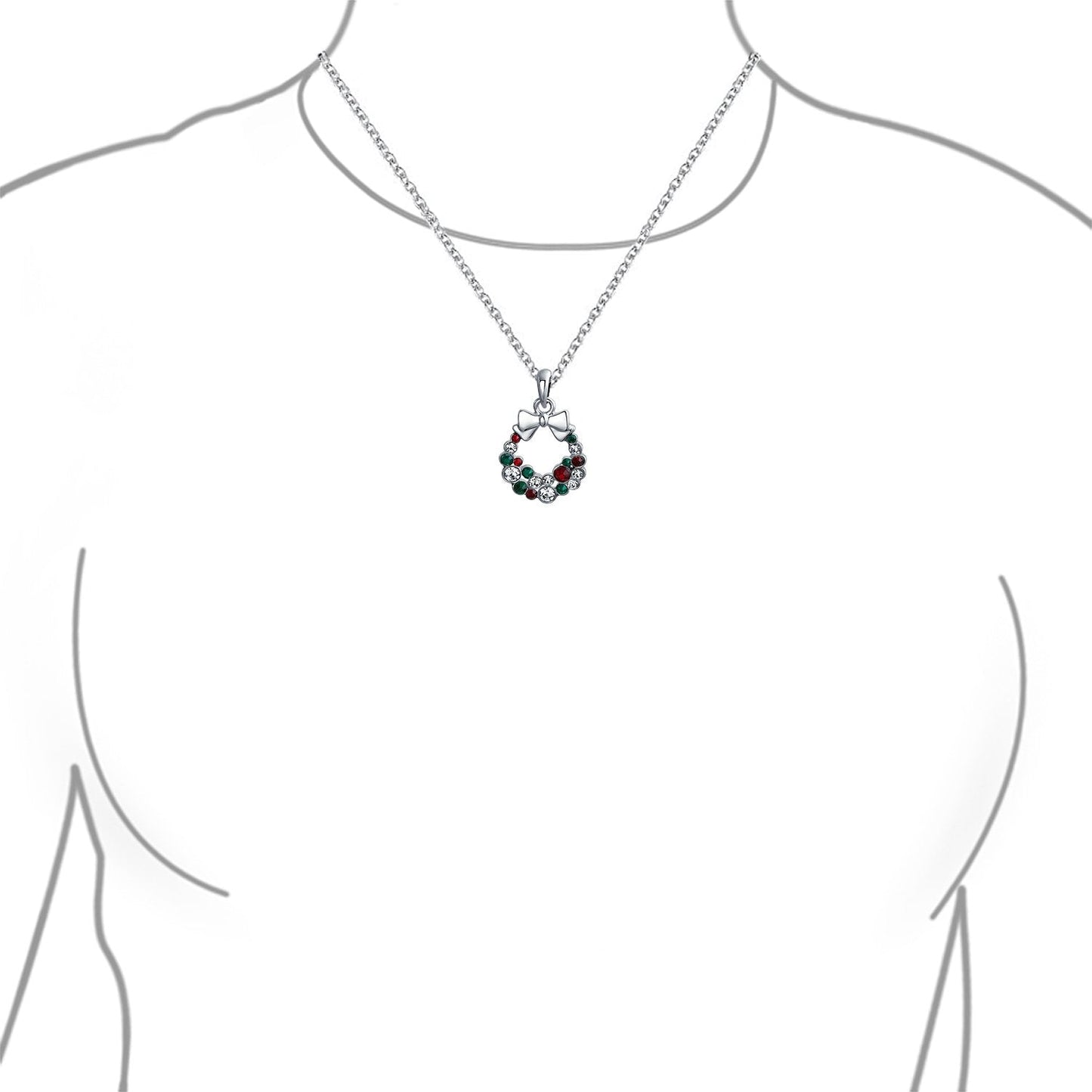 Bling Jewelry Fashion Sparkling Christmas Bow Red Green White Crystal Holiday Wreath Pendant Necklace For Women Teen Crystal Silver Plated