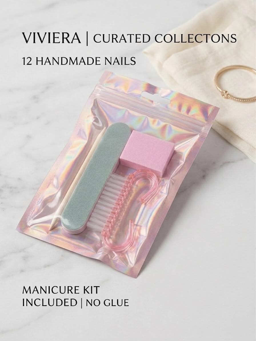 Viviera Premium Press-On Nails, Almond Shape, Nude and Pastel Yellow French Tips with Floral Accents, 12 Count, with Manicure Kit