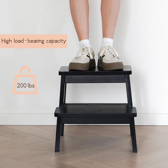Adult & Child Wooden Two Step Stool ,Stepping Stool,Kids Step Stool Kitchen Step Stools for Bathroom– Perfect for Kitchen, Bathroom, Bedrooms & More (Black)