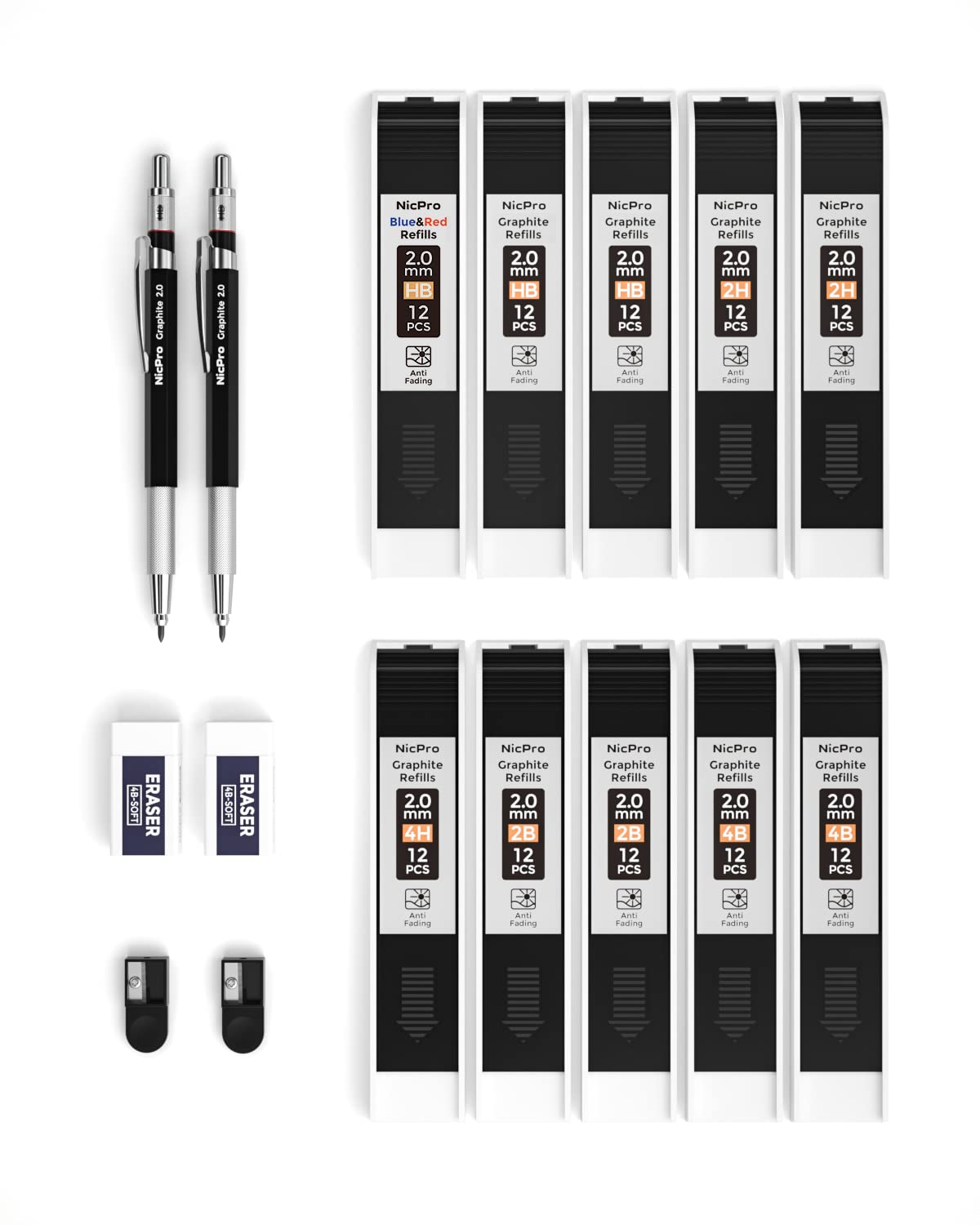 Nicpro 2mm Metal Mechanical Pencil Set, 2PCS Lead Holder 2.0 mm Marker Artist Carpenter Pencils with 120 Graphite Lead Refill (HB 2H 4H 2B 4B & Color), 2 Eraser for Drafting, Drawing Writing Sketching