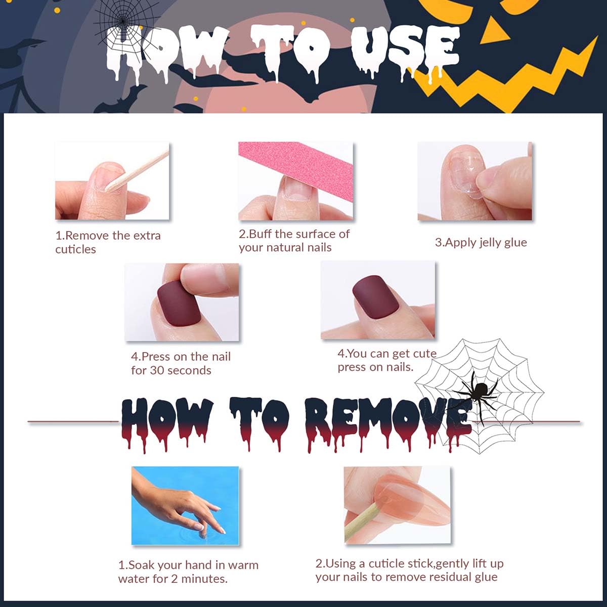 Fall Halloween Press on Nails Short Almond Fake Nails Black Matte Nails Press ons with Ghost & Flower Design-Reusable Artificial Nails Full Cover Glue on Nails Stick on Nails for Women Manicure 24 Pcs