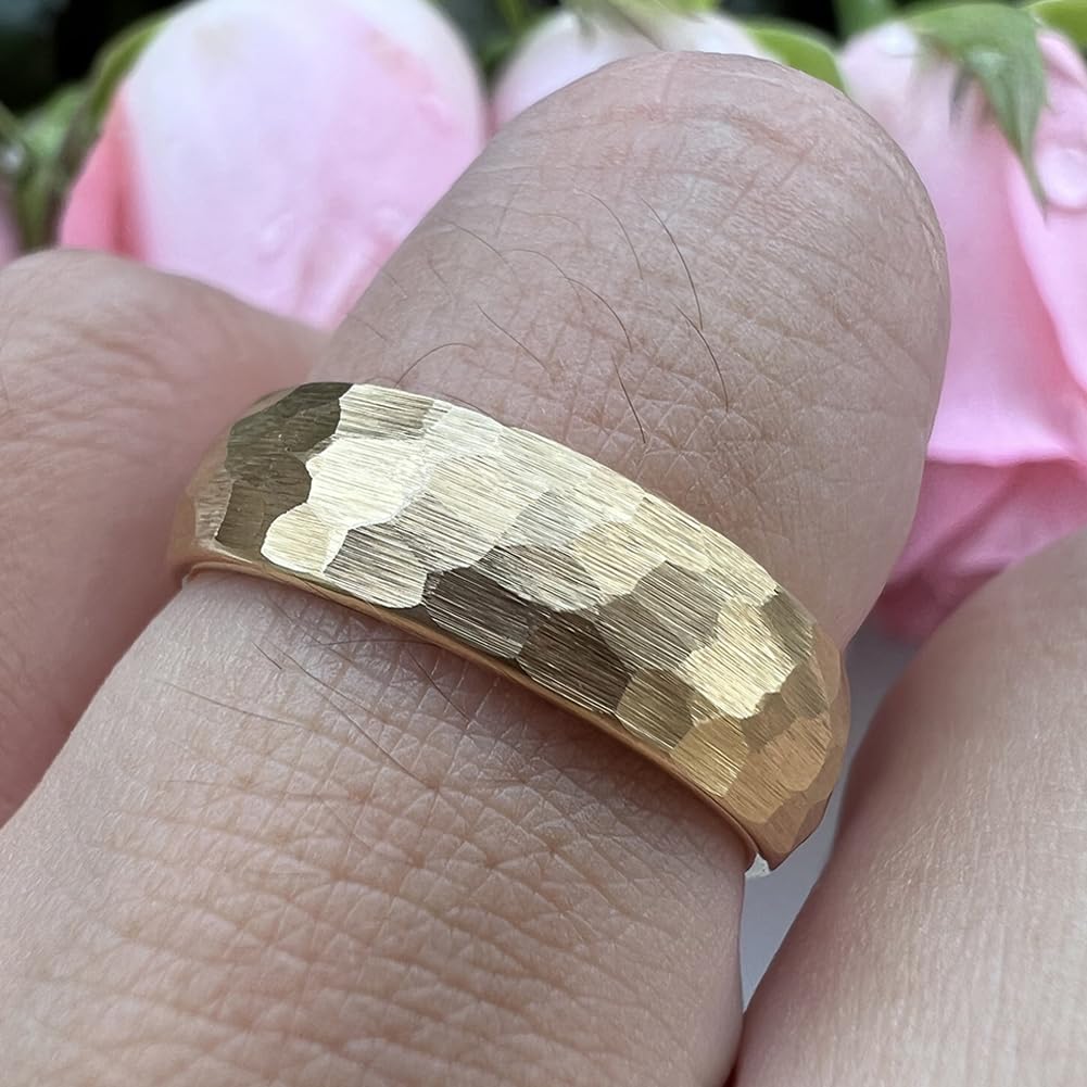 TUTISS 6mm Gold Hammered Tungsten Rings for Men Women Engagement Wedding Bands Domed I Love You Engraved Comfort Fit Size 7