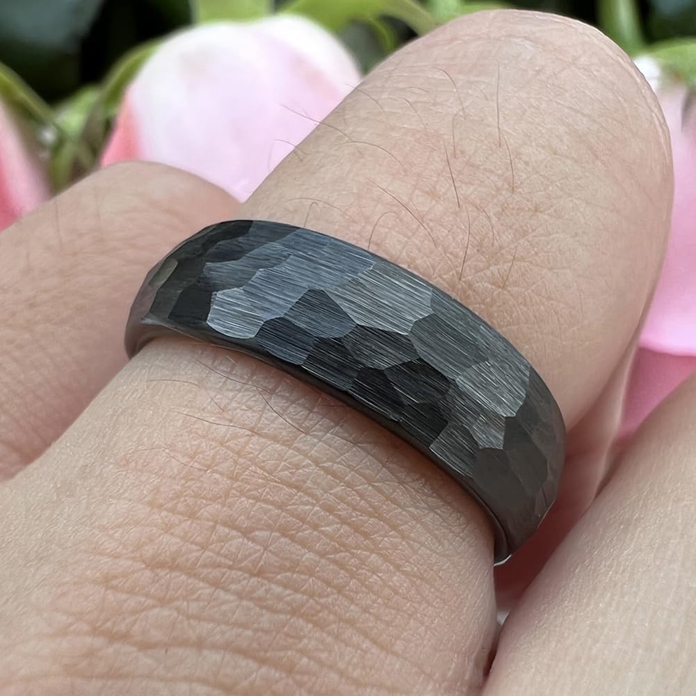TUTISS 6mm Black Hammered Tungsten Rings for Men Women Fashion Engagement Wedding Bands Domed Matte Finish Comfort Fit Size 9.5