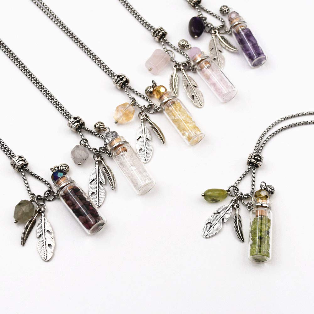 CoolDIY Aromatherapy Essential Oil Diffuser Necklace Stainless Steel Chain Pendant Necklace Perfume Diffuser Glass Vial with Crystal stone (Green)