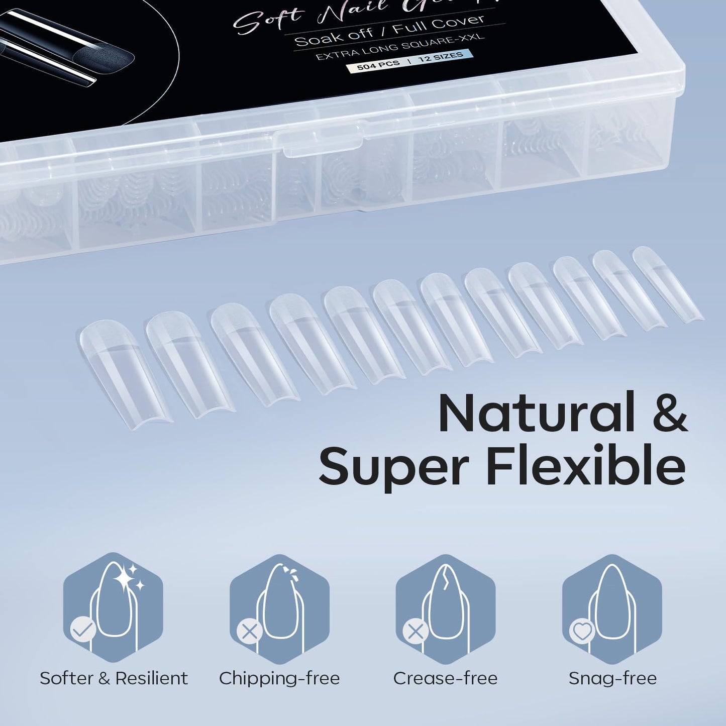 Modelones Long Square XXL Fake Nail Tips - 504Pcs Gel Tips Pre-shaped Half Matte Full Cover Clear Acrylic Gel Kit False Press on Nails for Extension DIY Salon 12Sizes