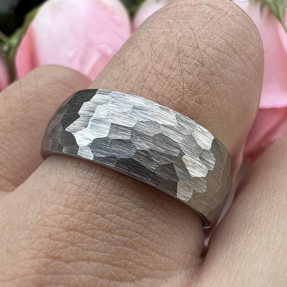TUTISS 8mm Hammered Tungsten Carbide Rings for Men Women Engagement Wedding Bands Domed I Love You Engraved Comfort Fit Size 6