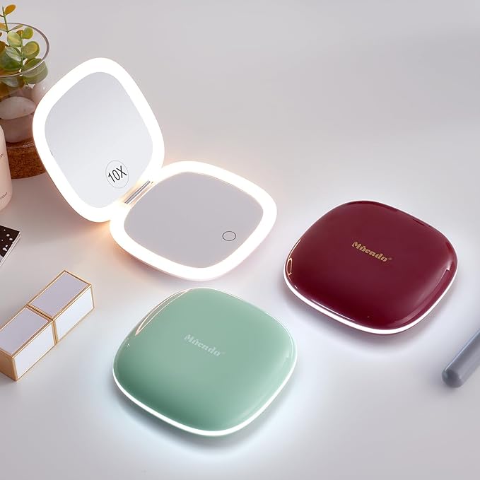 Mocado Compact LED Travel Makeup Mirror - 4 Inches 1X/10X Magnification Travel Mirror with Light Dimmable Double Sides Lighted USB Rechargeable Compact Mirror for Purse,Pocket,Travel(Powdery Green)