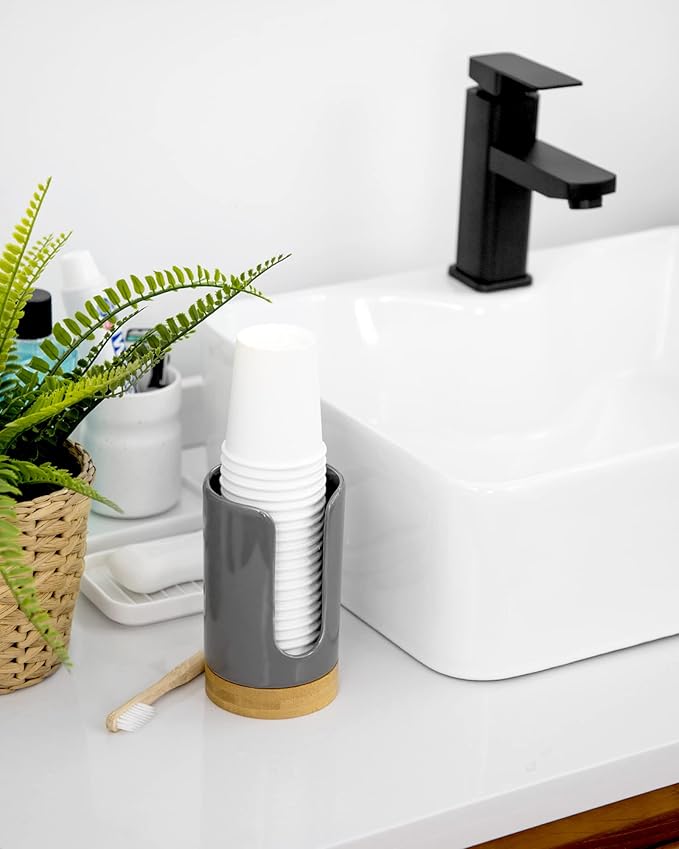 Ceramic Bathroom Cups Dispenser - 3-5 oz Disposable Paper & Plastic Bathroom Cups Holder - Mouthwash Cups Dispenser for Bathroom, Guest Toiletries, Countertop, Coffee - BPA Free (Grey)