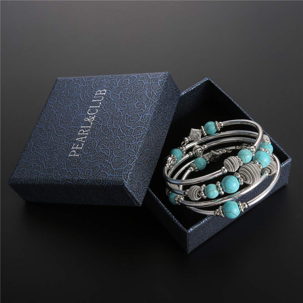 PEARL&CLUB Beaded Chakra Bangle Turquoise Bracelet - Fashion Jewelry Wrap Bracelet with Thick Silver Metal and Mala Beads, Birthday Gifts For Women(Turquoise)
