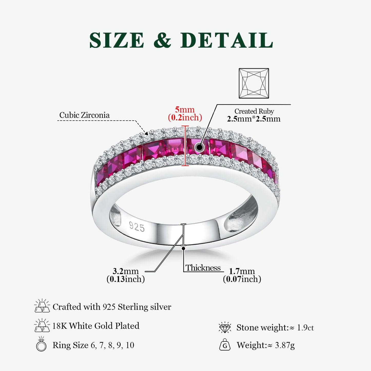 RANDES Red Gemstone Ring Sterling Silver Anniversary Bands for Women 5mm Wide Channel Set Half Eternity Wedding Band Ruby Birthstone Rings Size 9