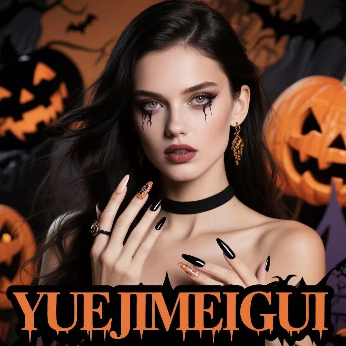 Halloween Vampire Teeth Press on Nails Short Square Black Matte Fake Nails Horror Bloody Long Stiletto Halloween False Nails for Women Girls Vampire Design Manicure Decoration 24Pcs