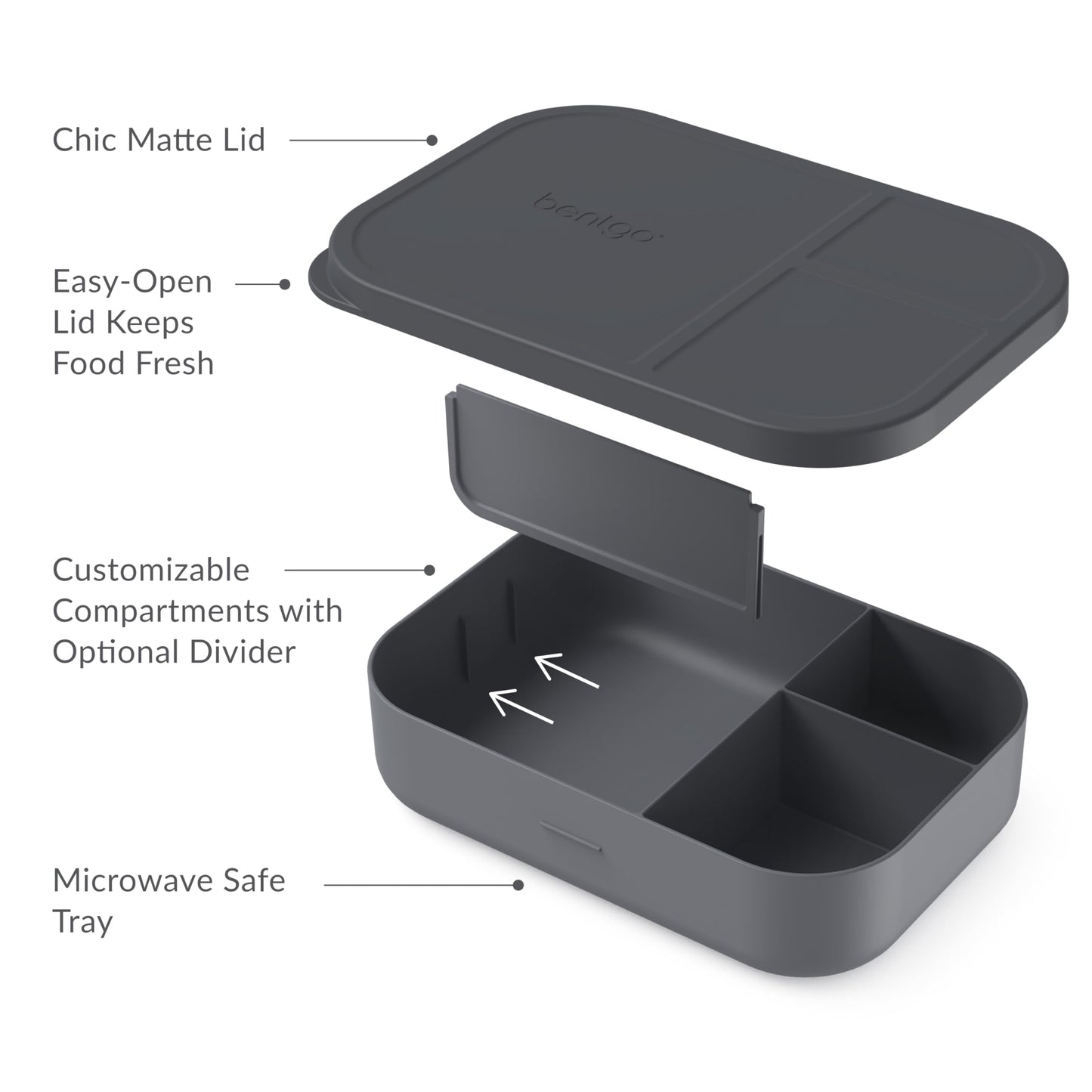 Bentgo® Modern Tray with Matte Lid - Reusable, BPA-Free, Meal Prep Containers for Adults with Removable Divider - 3 or 4 Compartments for Healthy Portioned Meals At Home & On the Go (Dark Gray)