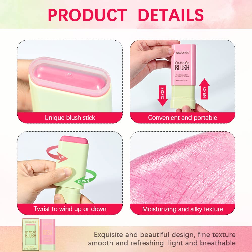 Blush Stick Waterproof Matte Finish Long Lasting Pink Red Cheek Lip Make-up Multi Lip Tint Stick Highlighter High Pigment Rouge Blush for Women Lady Daily Lip Cheek Makeup (1#shy pink)