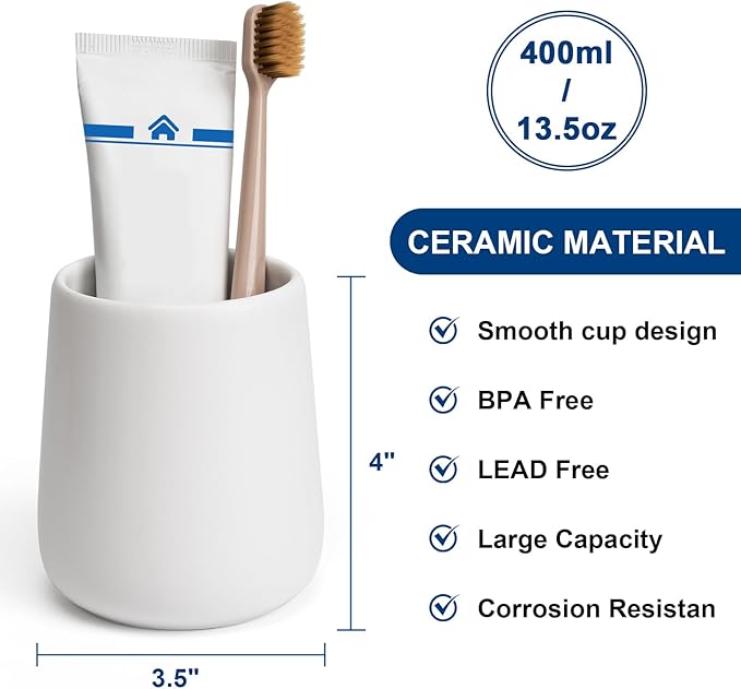 Bathroom Tumbler Cup Ceramic 2Pcs 13.5oz Reusable Toothbrush Cup 400ml, Toothbrush Holder Adequate for Your Bathroom (White)