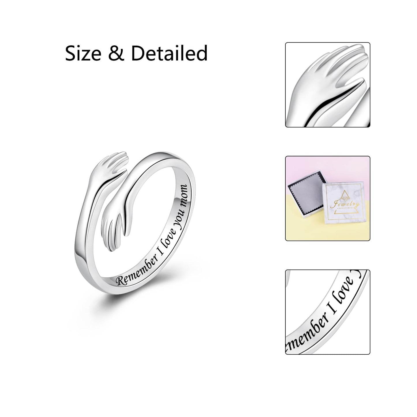 ACJFA Hug Rings for Women Sterling Silver Adjustable Ring Thumb Ring Birthday Mother Gifts Jewelry(Remember I love you mom)