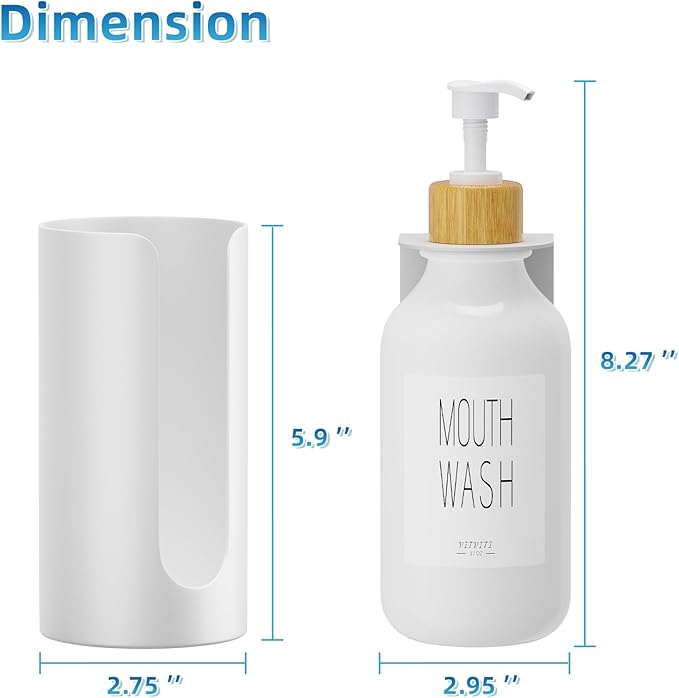 VITVITI Mouthwash Dispenser for Bathroom, Mouth Wash Dispenser Wall Mounted with Cup Holder, 17OZ Refillable Mouthwash Pump Container, Plastic/Bamboo/Metal, White
