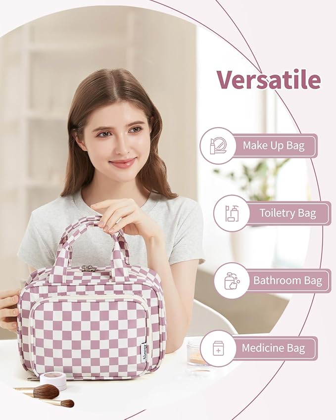 Narwey Large Travel Toiletry Bag for Traveling Women, Cosmetic Makeup Bag Make Up Organizer, Checkered Travel Bag for Toiletries with Handle (Dusty Rose Checkerboard)