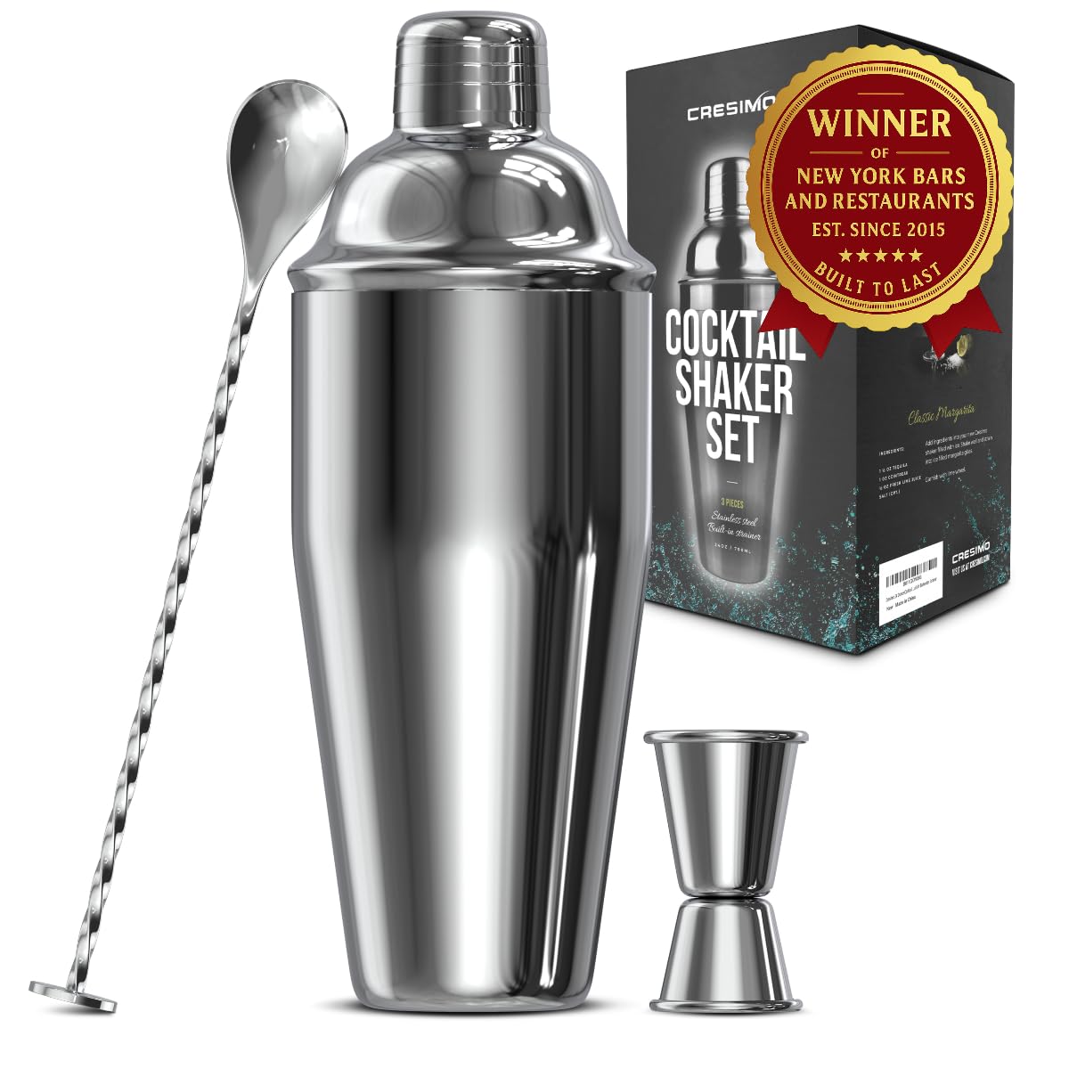 Cresimo 24oz Cocktail Shaker Set with Bar Accessories for Home Bar - Martini Shaker with Jigger and Drink Mixer Spoon - Alcohol Bartender Gift - Bartending Kit Essential for Home