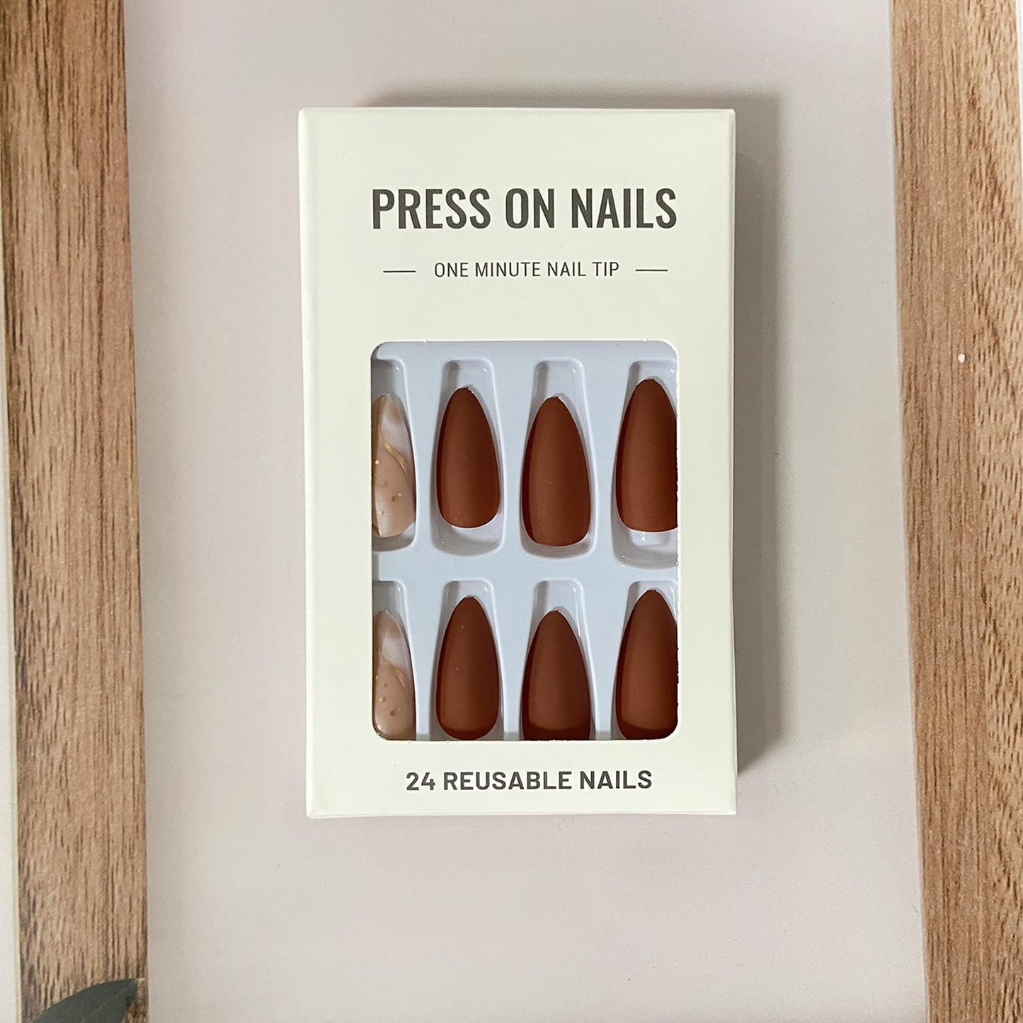 Tyuimhx Medium Press on Nails Almond Fake Nails With Gold Line Designs Brown Matte False Nails Full Cover Stick on Nails Reusable Artificial Nails Glue on Nails for Women Girls Nails Decorations 24Pcs