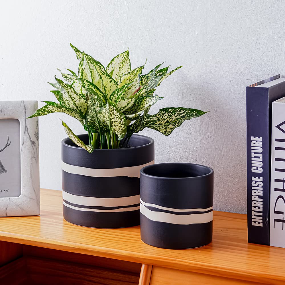 Nihow Modern Ceramic Plant Pot - 5 + 7 Inch Flower Pot for All Indoor Plants - Sturdy Planter Pots with Drainage Hole & Rubber Plugs - Semi-Matte Black & Nature - Plants Not Included