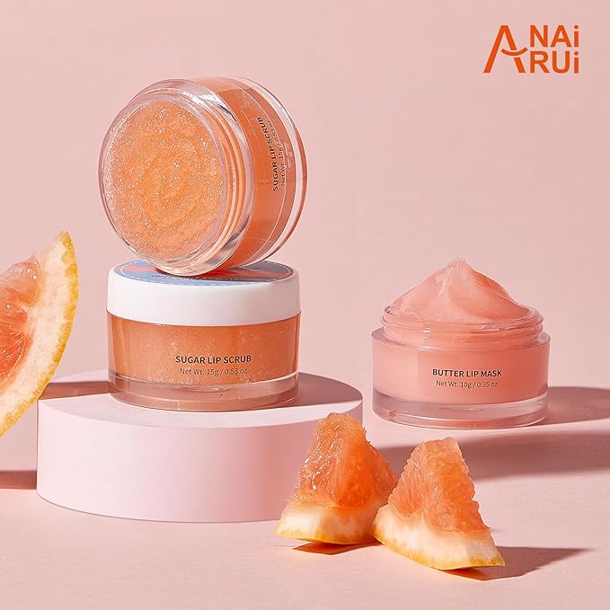 Hydrating Lip Mask & Lip Scrub Set, Lip Overnight Treatment For A Softer & Smoother Pout, Lip Exfoliator Scrub and Moisturizer Set With Grapefruit, Non-Sticky, Vegan & Cruelty-Free