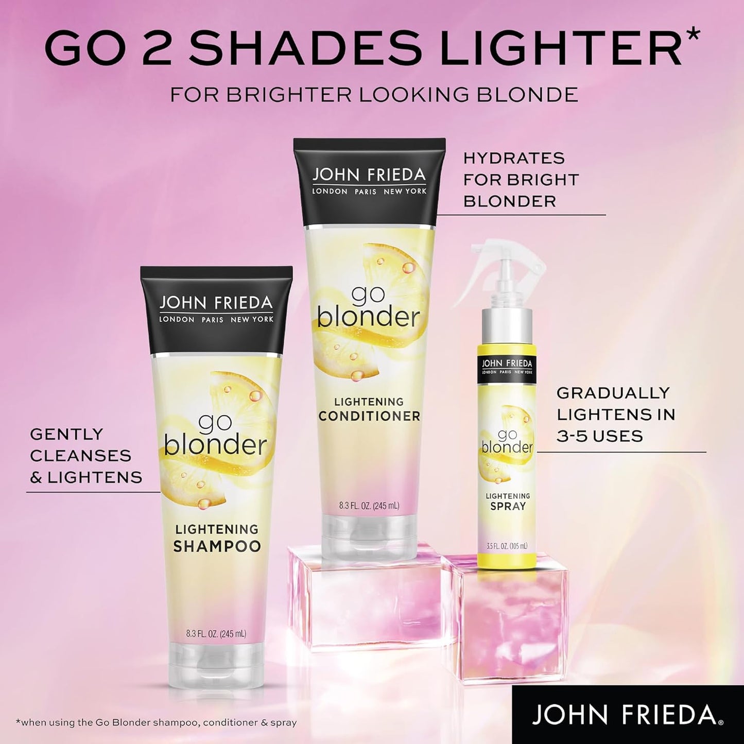 John Frieda Go Blonder Lightening Spray, Gradually Lightens Blonde Color, For Natural or Color-Treated Hair, Formulated with a Citrus Bontanical Blend, Paraben Free, 3.5 Oz, Pack of 2