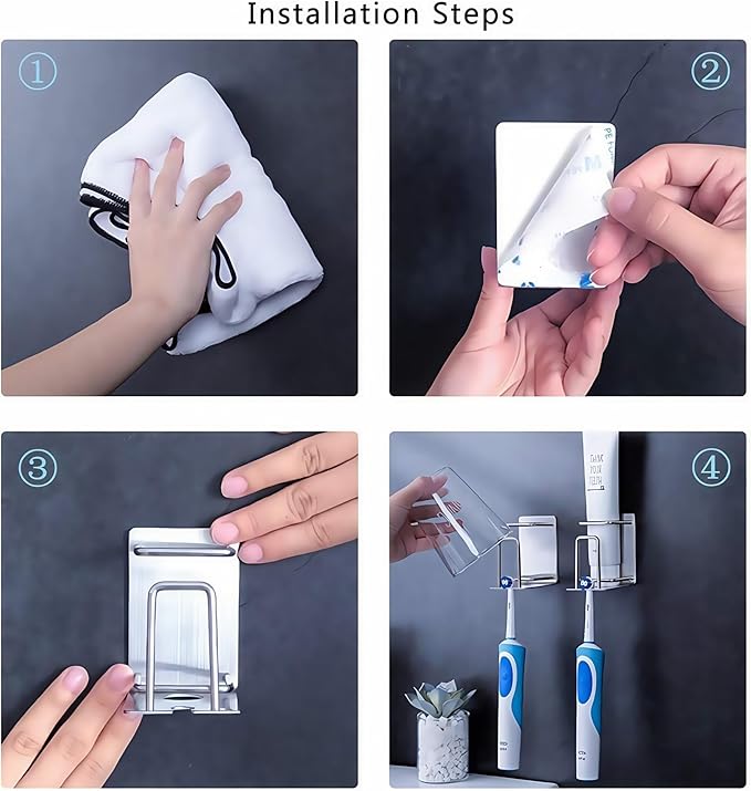 HANZE Toothbrush Holder 304 Stainless Steel Adhesive Wall Mounted 3 in 1 Toothbrush Holder Toothpaste Holder and Cup Holder for Bathroom Shower