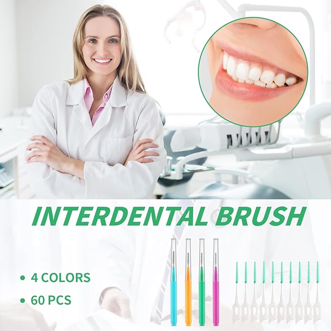 Interdental Brush, 60Pcs Soft Braces Brush Set, 20Pcs Tooth Flossing Head for Oral Hygiene Tooth Cleaning with 40pcs Disposable Braces Flossers Tooth Cleaning Tool (Stylish Colors,Multiple Sizes)
