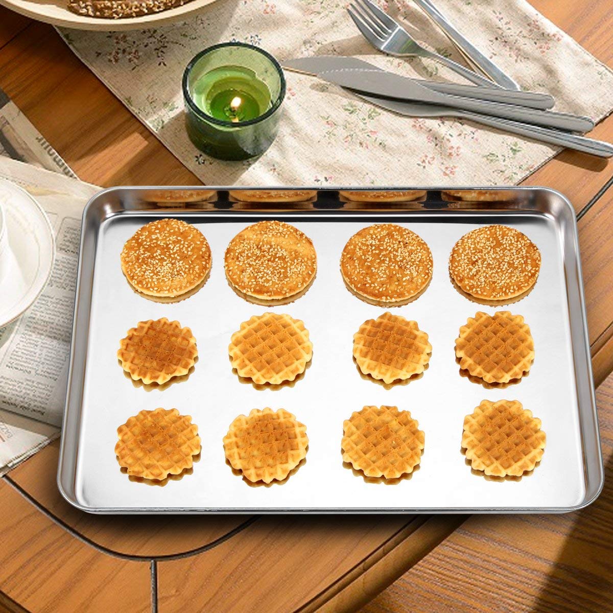 Wildone Baking Sheet Set of 3, Stainless Steel Cookie Sheet Cooking Sheet Pan for Baking & Roasting, 9/12/16 Inch, Non Toxic & Heavy Duty & Easy Clean
