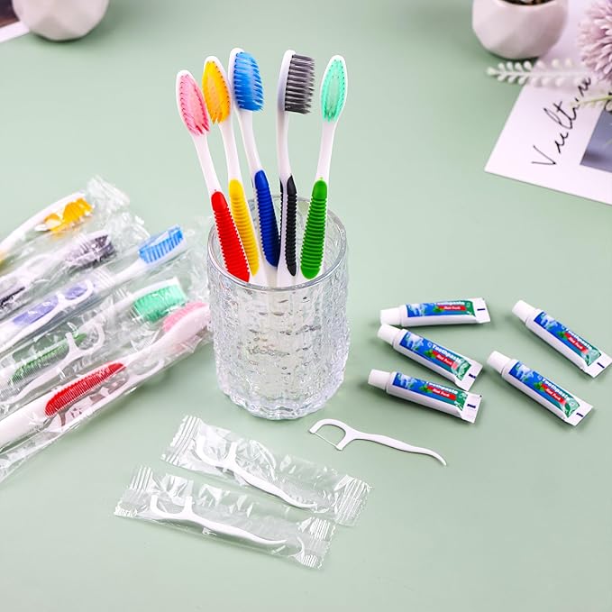 Disposable Toothbrushes with Toothpaste and Floss,10 Pcs 3 in 1 Individually Wrapped Single Use Travel Toothbrushes and Dental Floss Kit Bulk for Homeless,Guests,Dentist,Hotel(5 Colors)