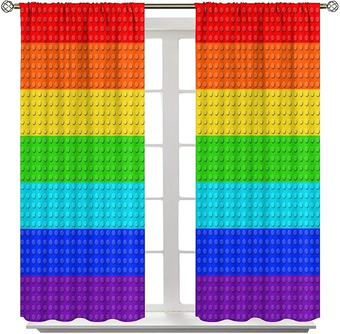 Colorful Building Block Toy Curtain Rod Pocket Children's Nursery Rainbow Contour Plastic Toy Brick Geometric Print Pattern Curtain Boys Girls Bedroom Playroom 2 Panels 42x45in