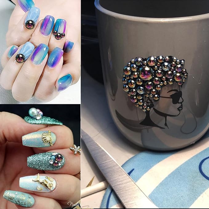 4000PCS Flatback Rhinestones and Half Round Pearls Kit #35, Multi Size Glass AB Crystals, Plastic Flat Back Black AB Dome Bead with Pickup Pencil and Tweezer for Nail Art