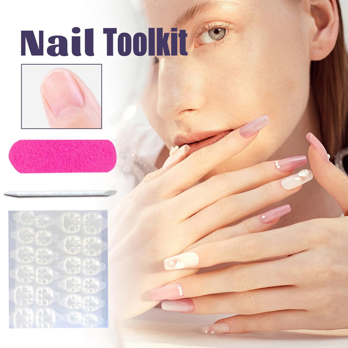 LOPMNGHT 24Pcs Blue Flower Press on Nails Medium Ballet Shaped Blue Gradient Acrylic False Nail Artificial Floral Stick on Nail Press Ons with Blossom Design Glossy Reusable Glue on Nails for Women