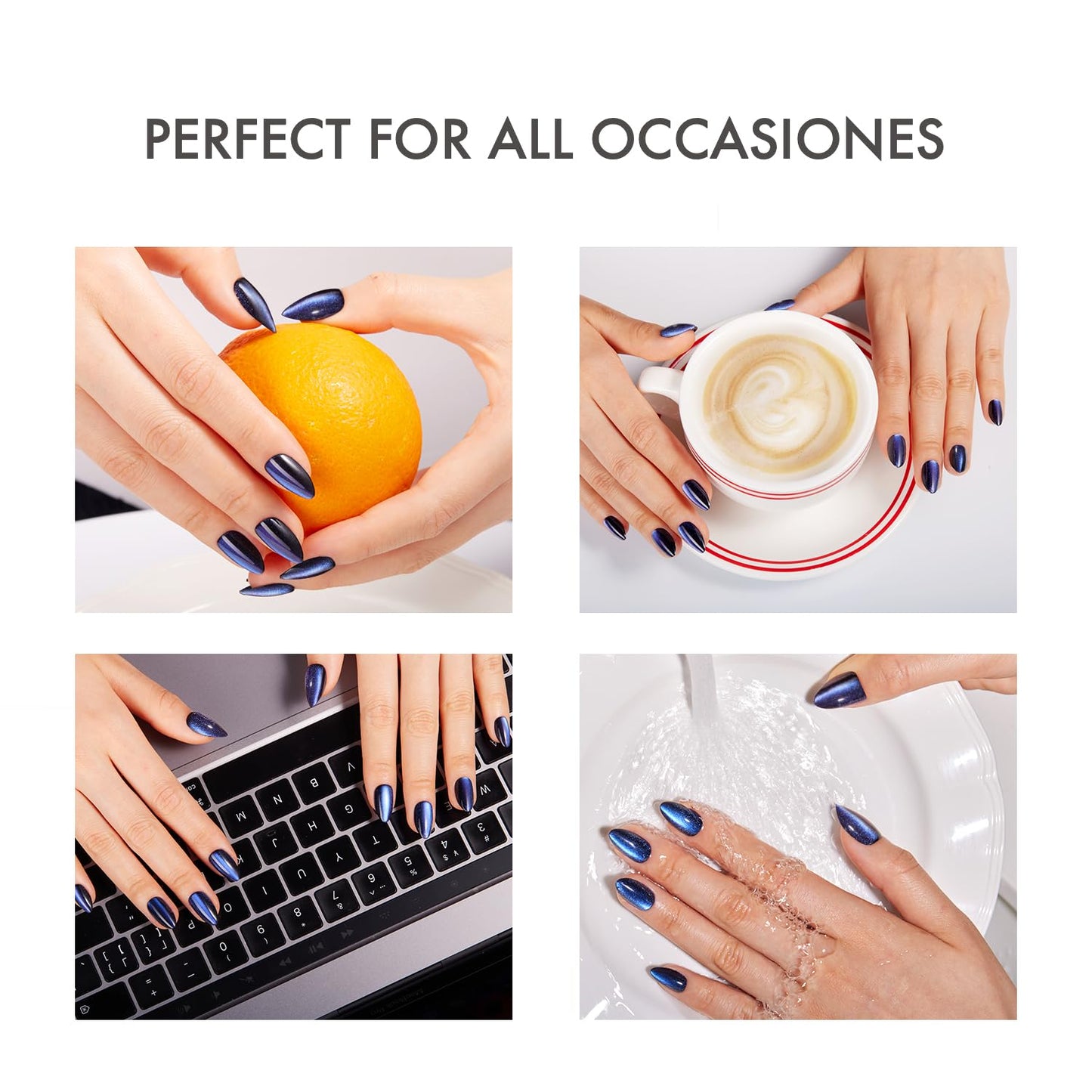 Press on Nails - Short Almond Pink Chrome Cat Eye Nails & Blue Cat Eye - 2 Reusable Nails Kit (Nourishment Nails & Mini Pack) - 16 Sizes