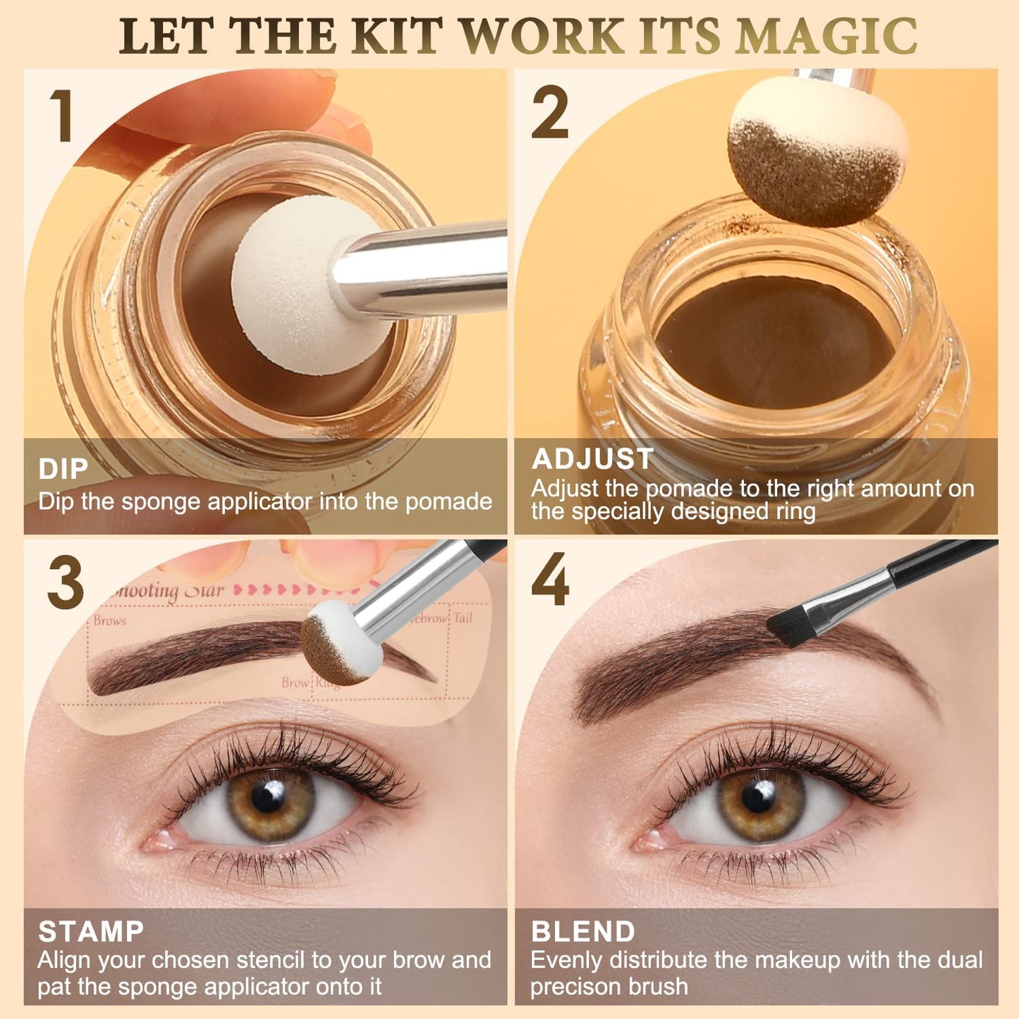 LAVONE Eyebrow Stamp Stencil Kit, Brow Stamp Trio Kit with Waterproof Eyebrow Pencil, Eyebrow Pomade, 20 Eyebrow Stencils, Dual-ended Eyebrow Brush and Sponge Applicator - Taupe