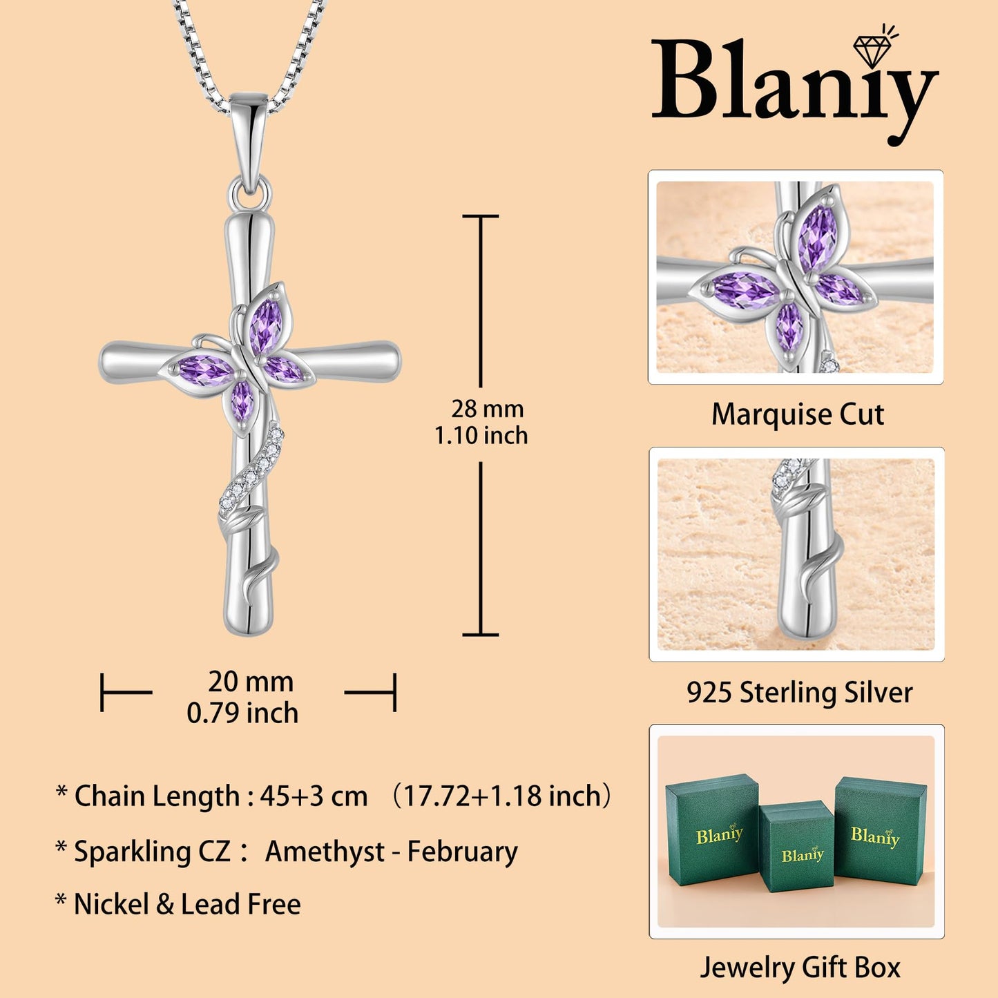 Blaniy Cross Necklace for Women 925 Sterling Silver Butterfly Necklace Amethyst Pendant Necklaces February Birthstone Jewelry Gifts for Women