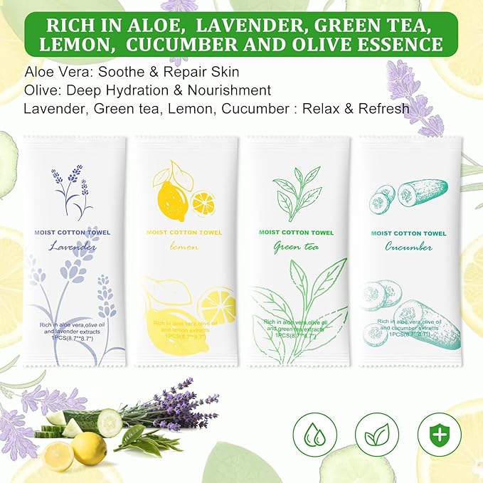 Moist Cotton Towel Bulk Moist Towelettes Individually Wrapped,White Towel Services,Refreshment Pre Moistened Towels for Dentist Travel Sport Party Hotel 100,Lavender,Green tea, Lemon and Cucumber