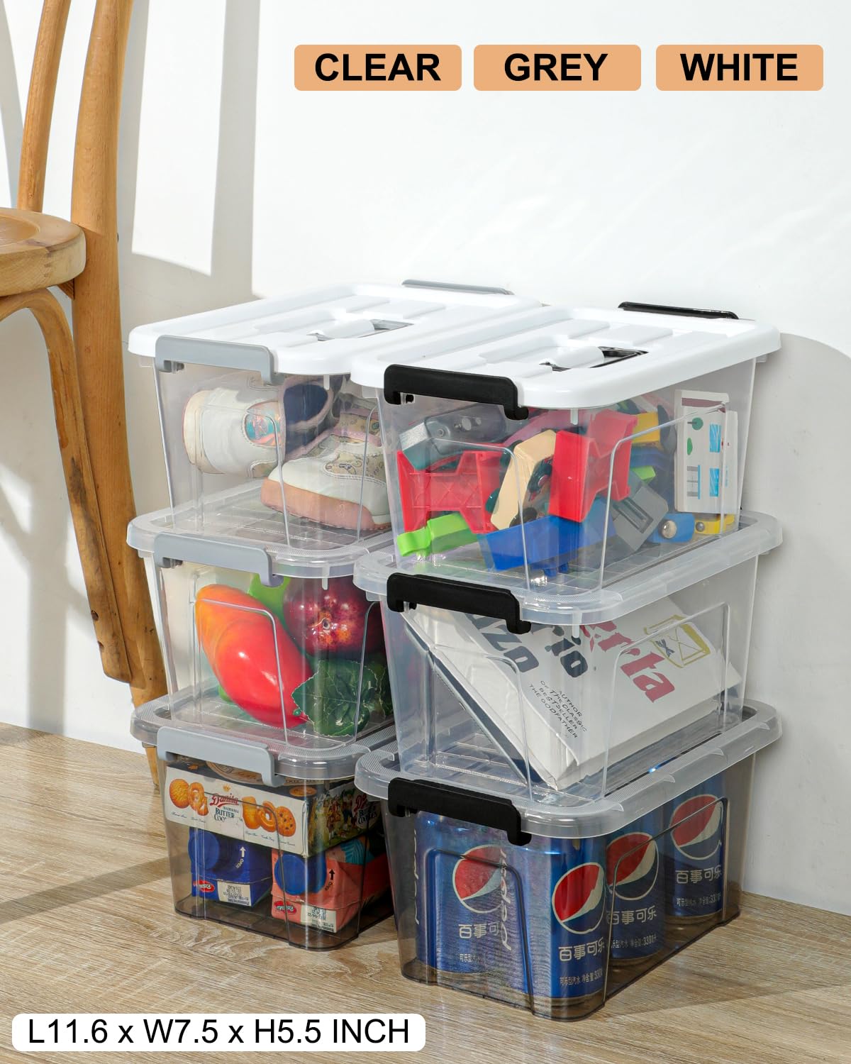 NUMIFUN Plastic Storage Bins with Lids 6 Pack Storage Organizer, 7 Quart Stackable Storage Bins with Buckle-Up Latches and Handle Storage totes easy for Home Office Pantry Organization, Clear Lids