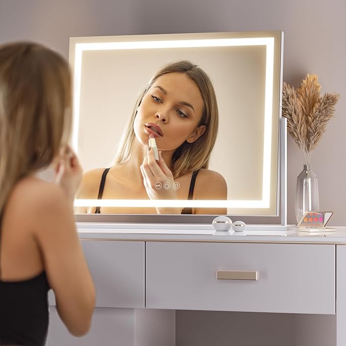 Hasipu Vanity Mirror with Lights, 23.6" x 18.1" LED Makeup Mirror, Light up Mirror with Smart Touch 3 Colors Dimmable, Brightness Adjustment, 360ยฐ Rotation (White)