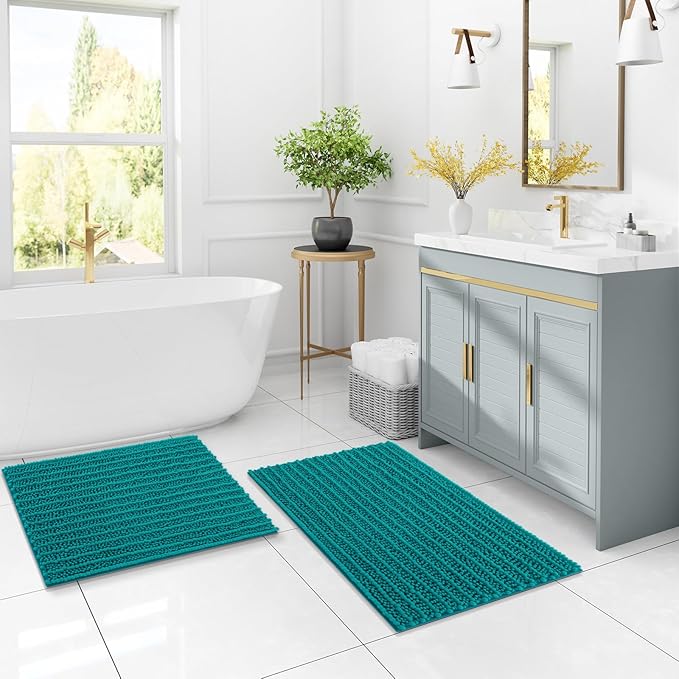 Arotive Luxury Chenille Bathroom Rug Mat, Extra Soft Thick Absorbent Shaggy Bath Rugs, Non-Slip Machine Wash Dry, Plush Bath Mats for Bathroom, Shower and Tub, 36x24, Lake Blue